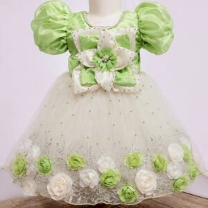 Princess Pista Green & White Party Frock for Kids