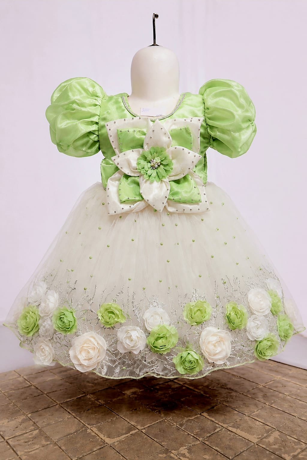 Princess Pista Green & White Party Frock for Kids