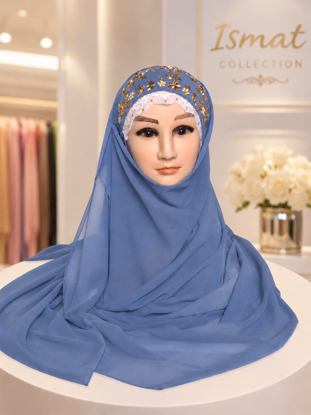 Blue Embroidered Georgette Hijab