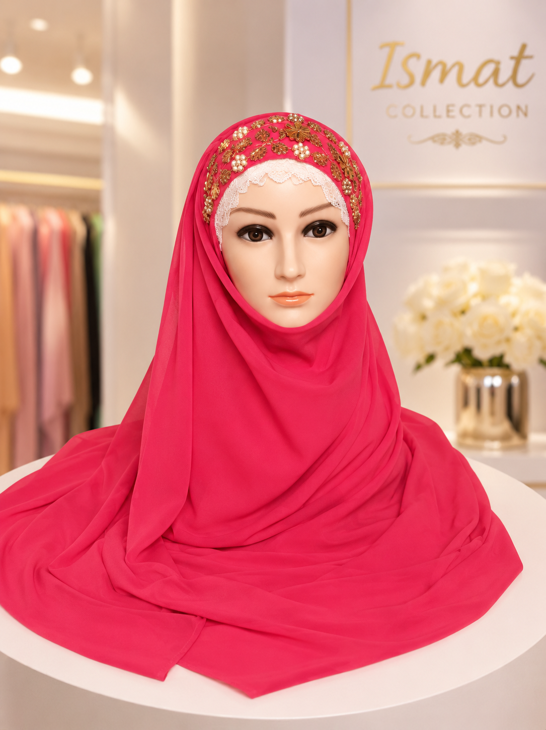 Hot Pink Embroidered Georgette Hijab