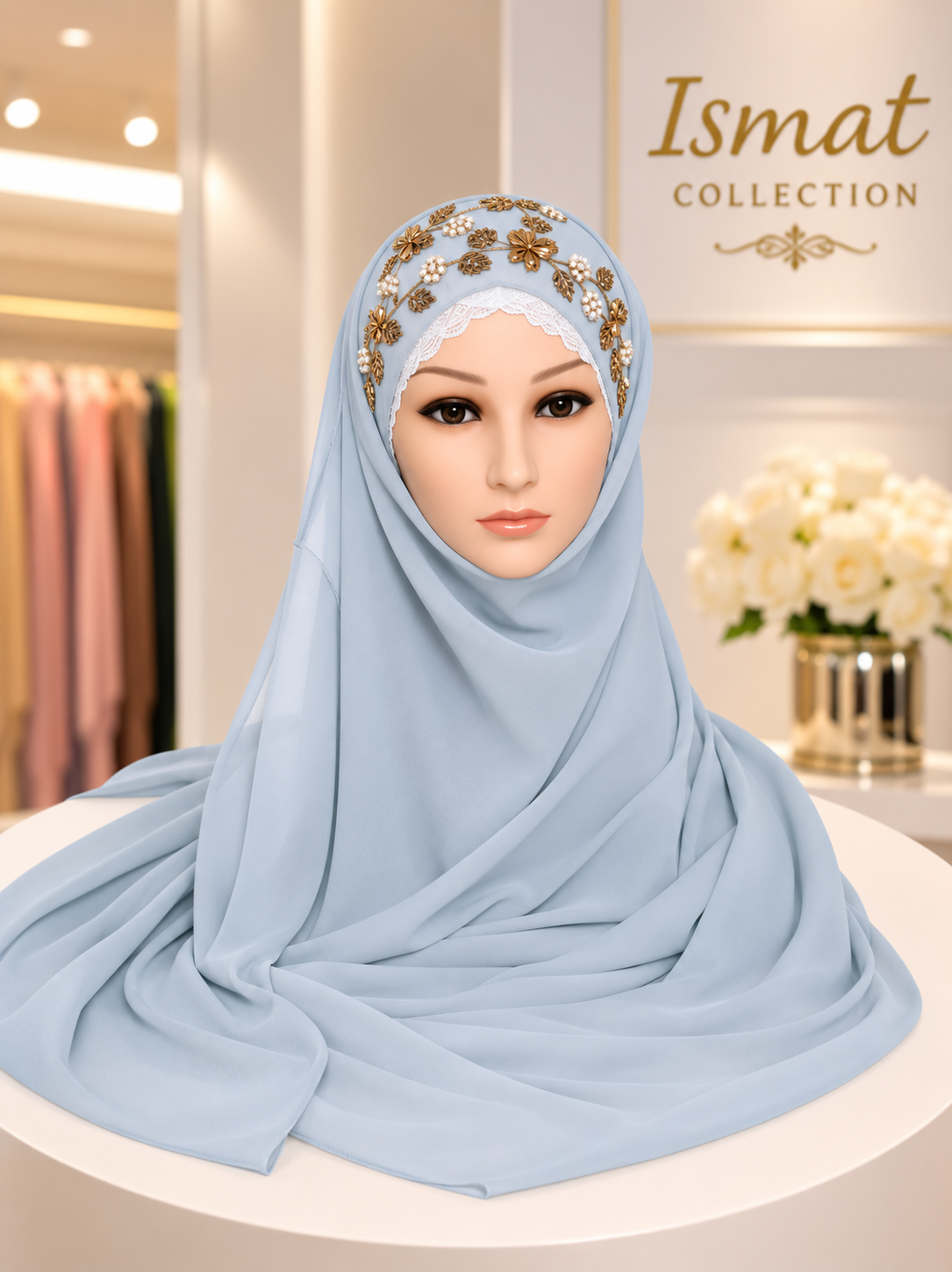 Baby Blue Embroidered Georgette Hijab