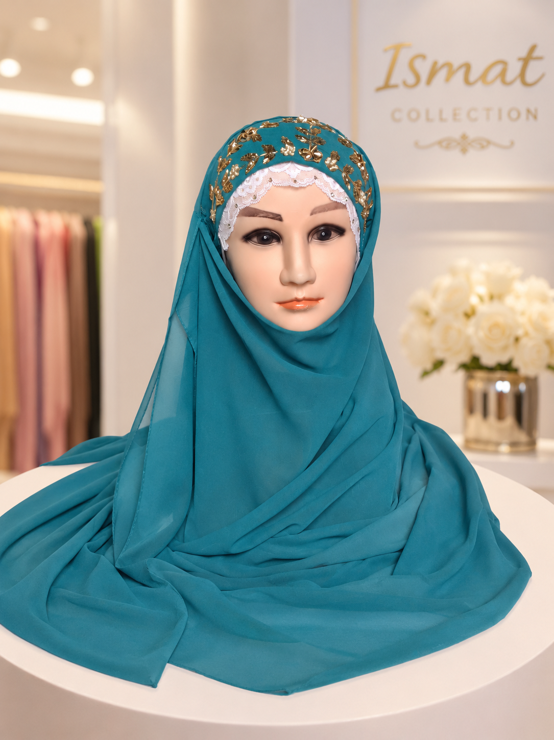 Teal Embroidered Georgette Hijab