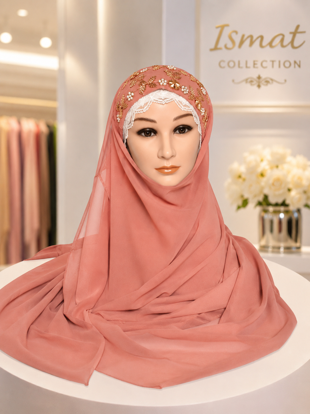 Pink Embroidered Georgette Hijab