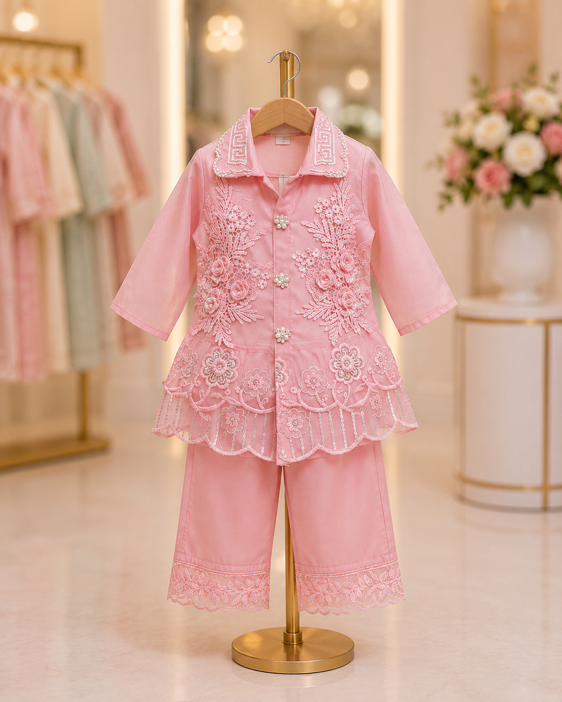 Baby Pink Floral Embroidered Kids Co-Ord Set