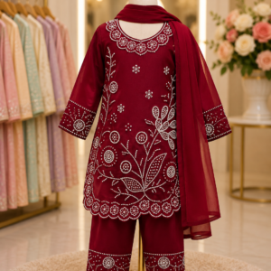 Kids Maroon Embroidered Ethnic Wear Set