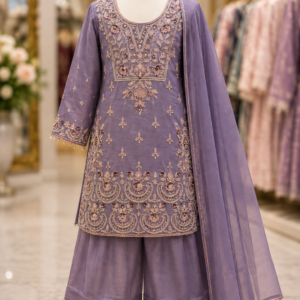 Kids Lavender Embroidered Ethnic Wear Set with Palazzo & Dupatta