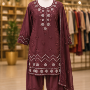 Maroon Embroidered 3-Piece Suit Set