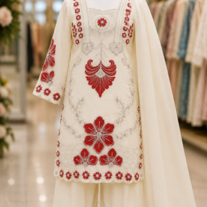 Kids White Ethnic Suit with Pink Floral Embroidery