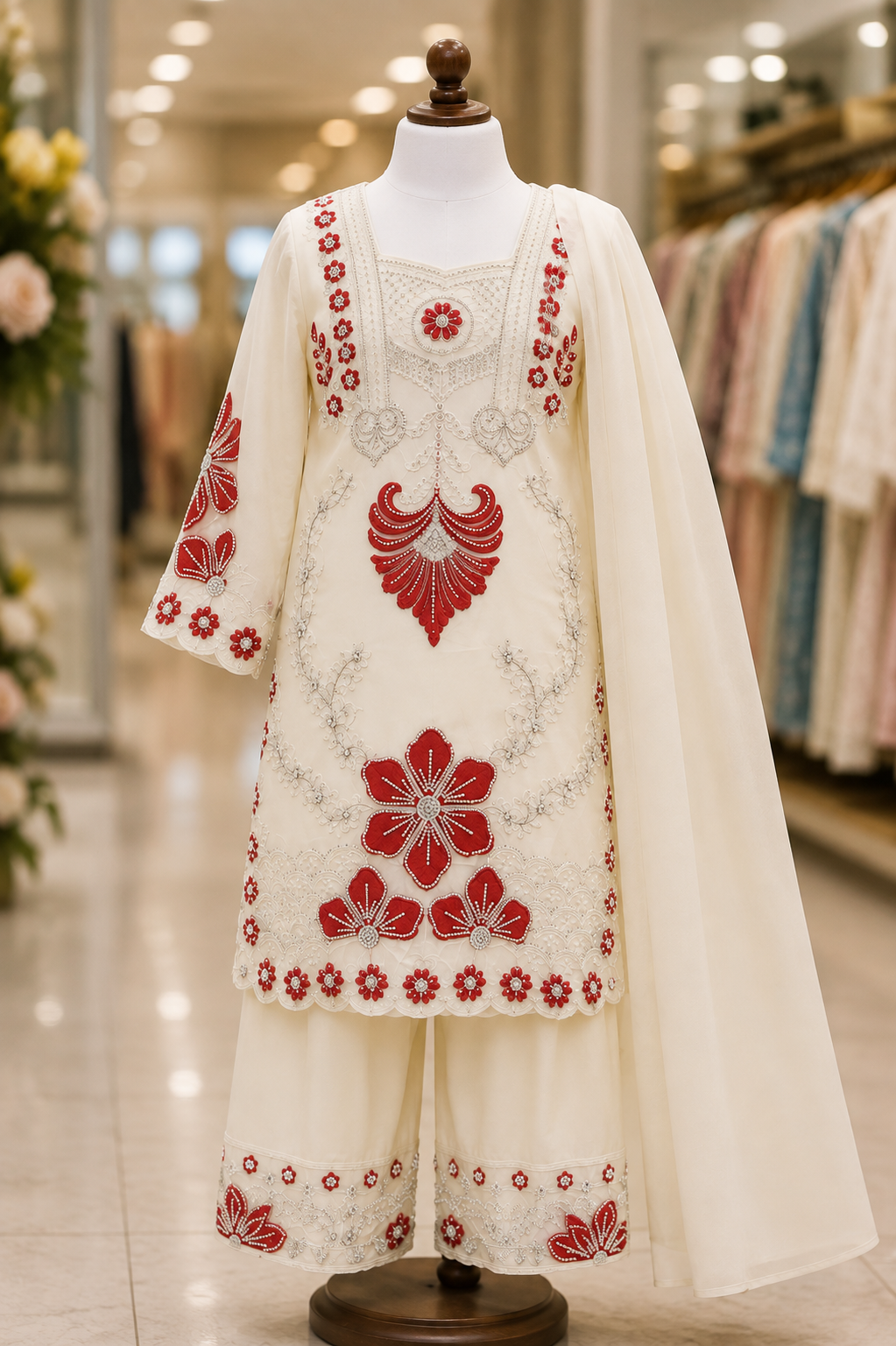 Kids White Ethnic Suit with Pink Floral Embroidery