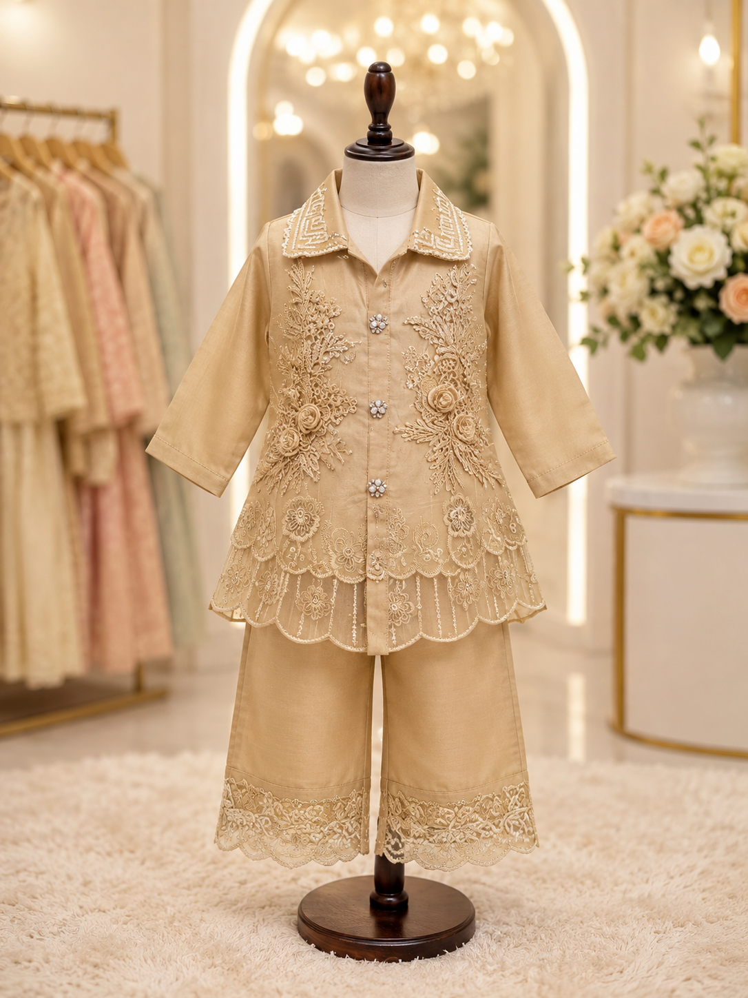 Cream Floral Embroidered Kids Co-Ord Set