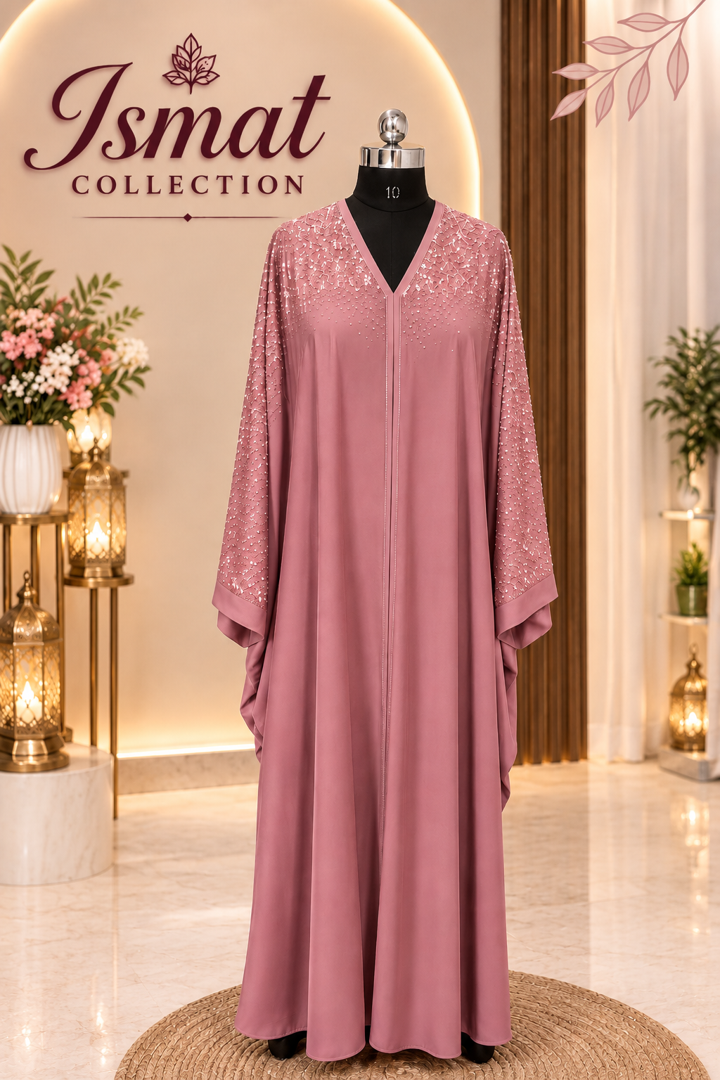 Blush Pink Pearl Embellished Luxury Kaftan Abaya - Image 1