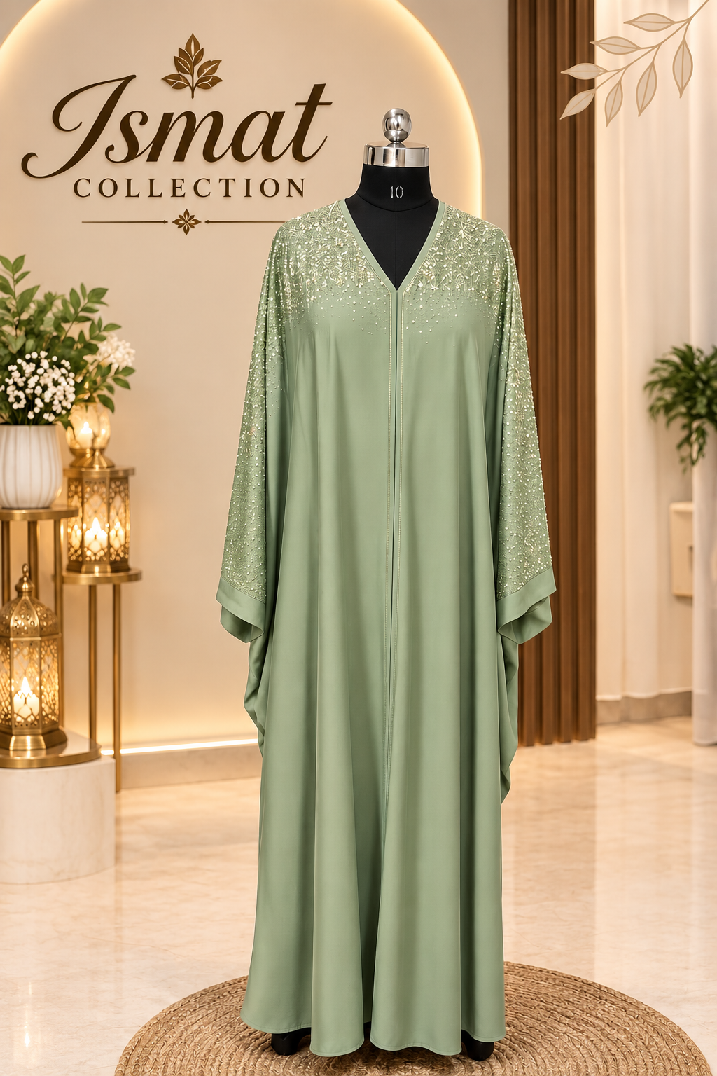 Green Pearl Embellished Luxury Kaftan Abaya - Image 1